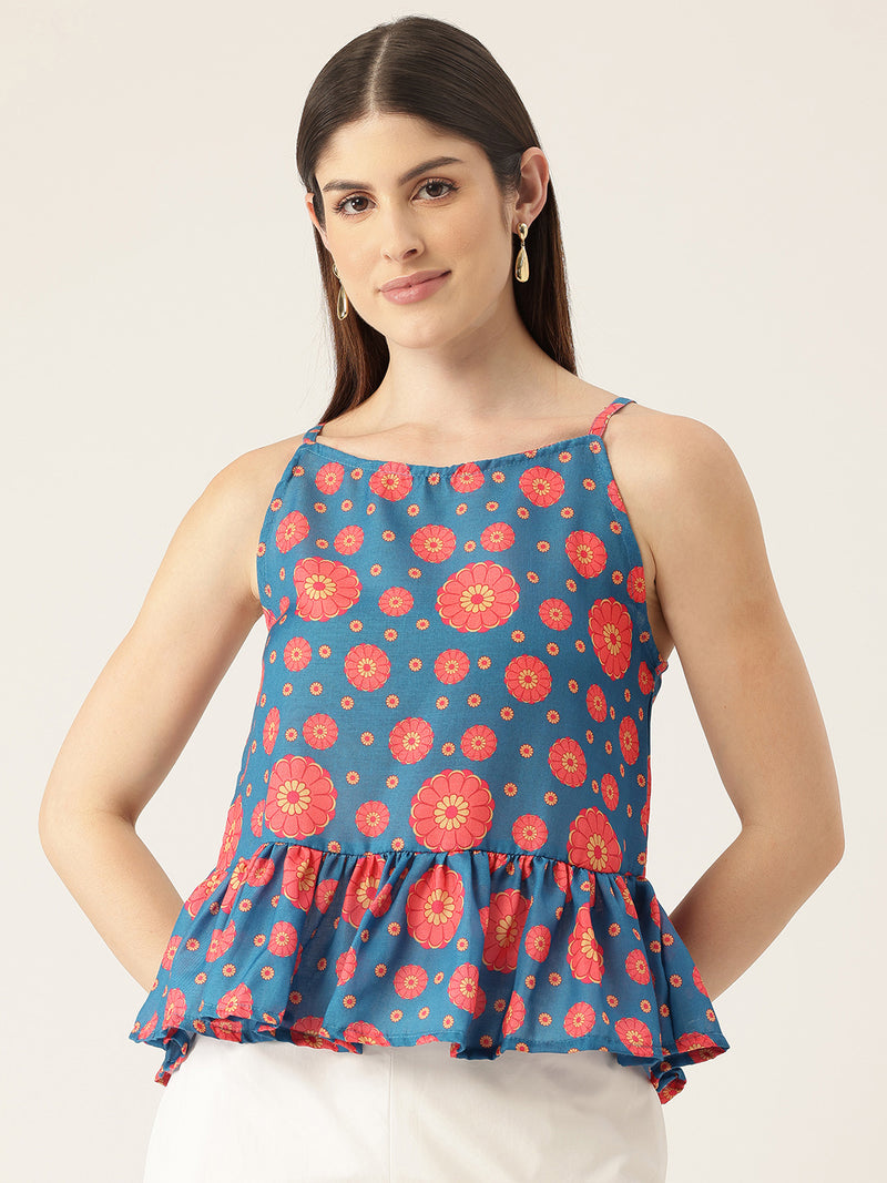Cropped Sleeveless strap Peplum top with digital print on linen fabric. | Size- Small | Colour - Royal Blue, Red