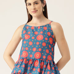 Cropped Sleeveless strap Peplum top with digital print on linen fabric. | Size- Small | Colour - Royal Blue, Red