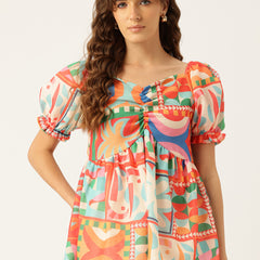 Cropped v-neck peplum puff sleeved top with digital print on linen fabric.