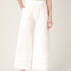 White White Embroidered Cotton Palazzos–Elastic Waist & Ankle-Length with Side Pocket