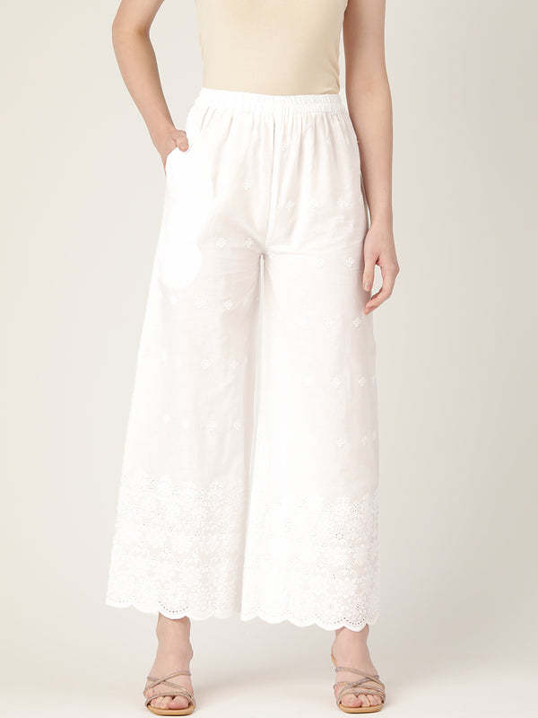 White White Embroidered Cotton Palazzos–Elastic Waist & Ankle-Length with Side Pocket