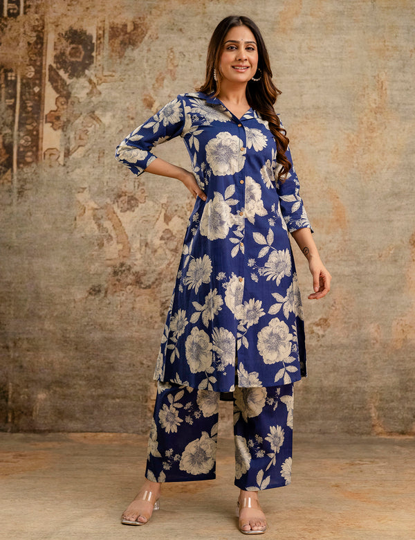 Blue Women’s Co-Ord Set–Printed Collared Kurta with 3/4 Sleeves & Elastic Waist Pants