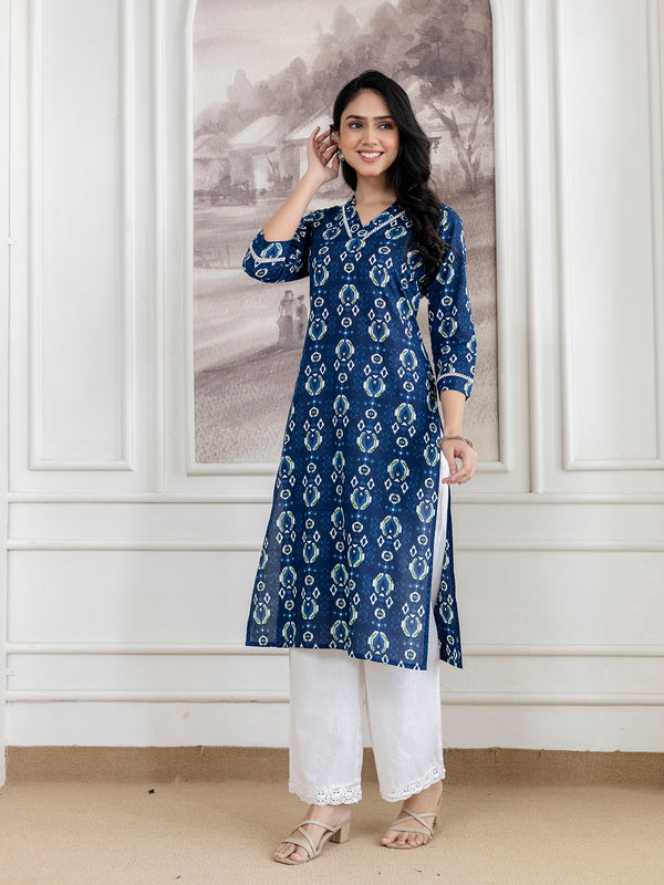 Elegant Ethnic Printed Cotton Straight Kurta with V-Neckline