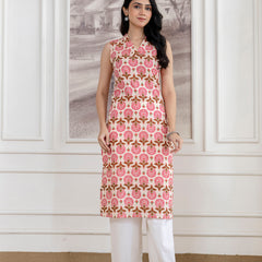 Elegant Sleeveless Cotton Printed Straight Kurta with Refined V-Neckline