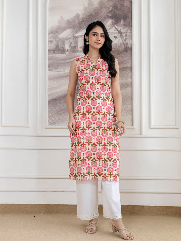 Elegant Sleeveless Cotton Printed Straight Kurta with Refined V-Neckline