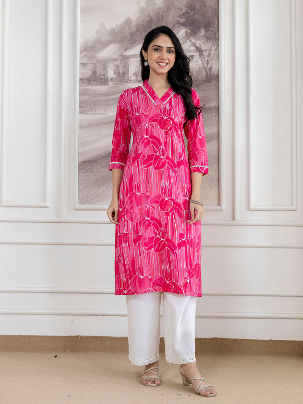 Elegant Ethnic Printed Cotton Straight Kurta with V-Neckline
