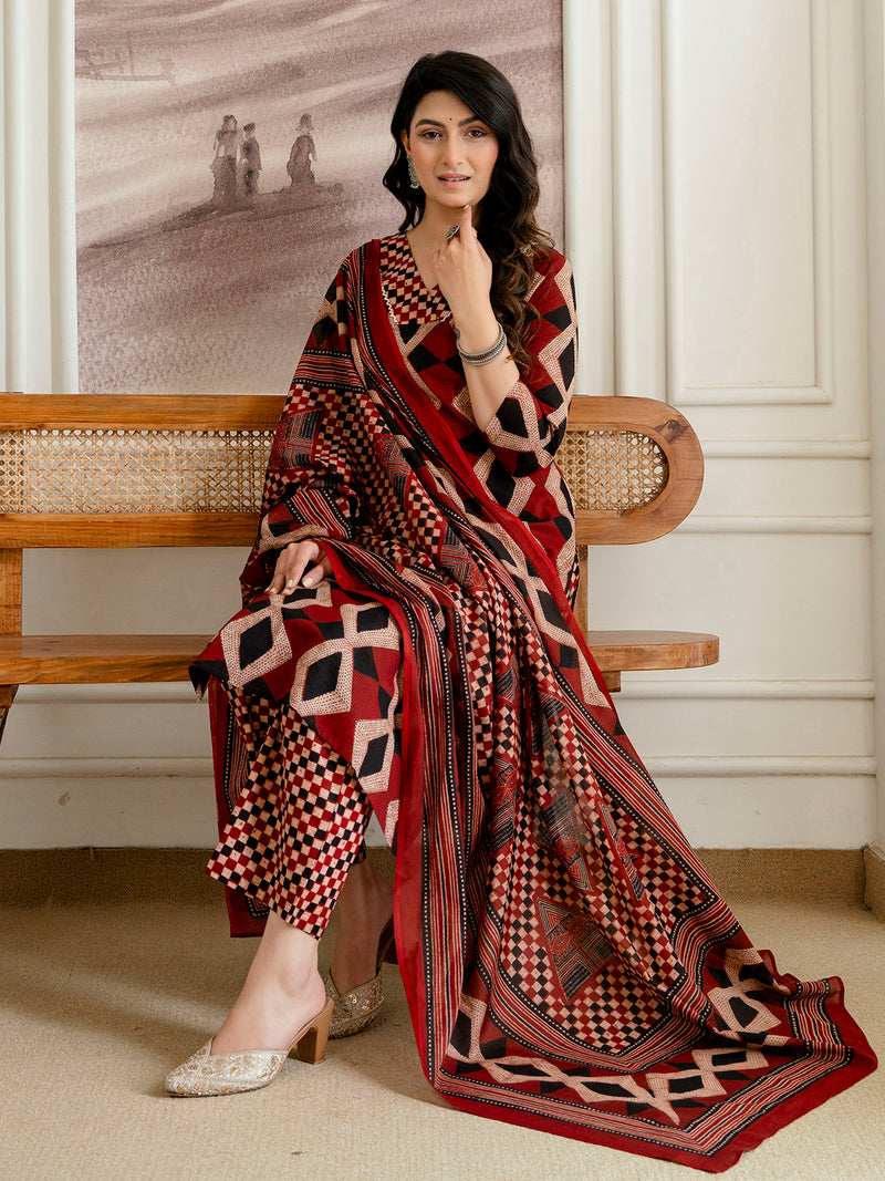 Bordered V-Neck 3-Piece Kurta Set with Ankle-Length Pants & Full-Length Dupatta (M–XXL)