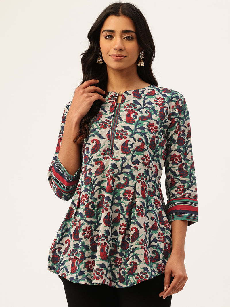 Inner Yoke Short Kurti for Women - Button Detail & 3/4 Sleeves