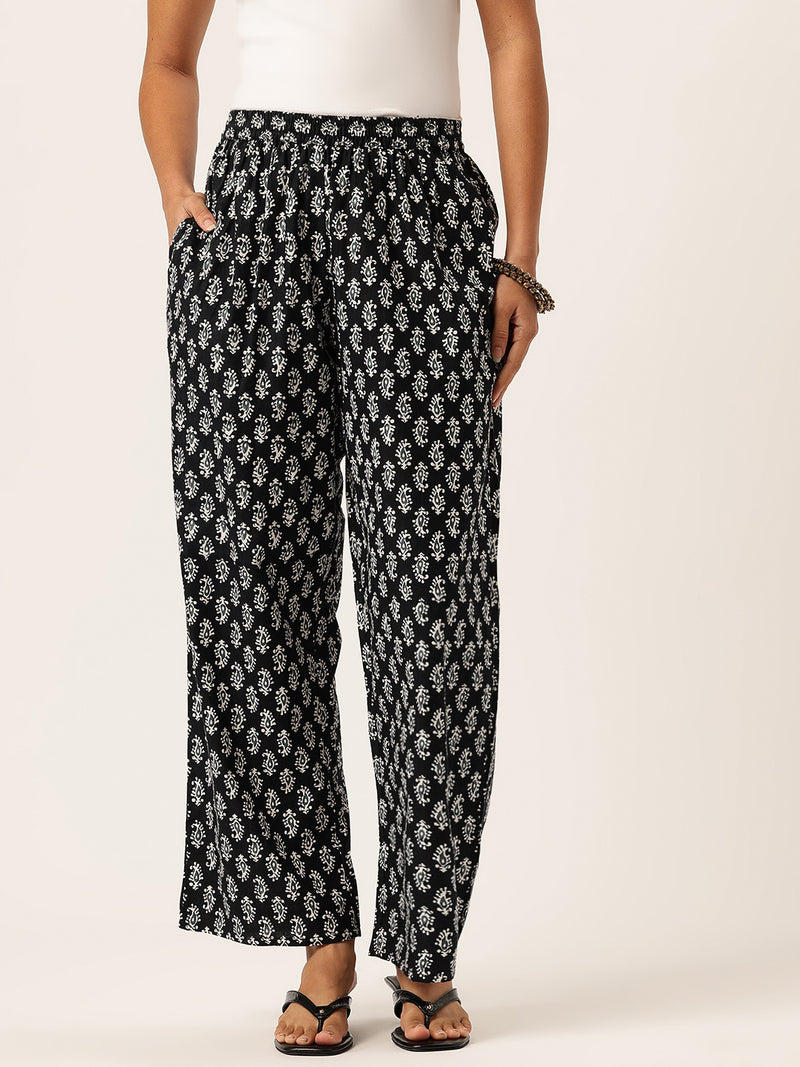 Black Women Pure Cotton Paisley Printed Palazzo Pants | Elastic Waist | Wide Leg