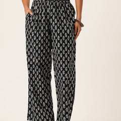 Black Women Pure Cotton Paisley Printed Palazzo Pants | Elastic Waist | Wide Leg