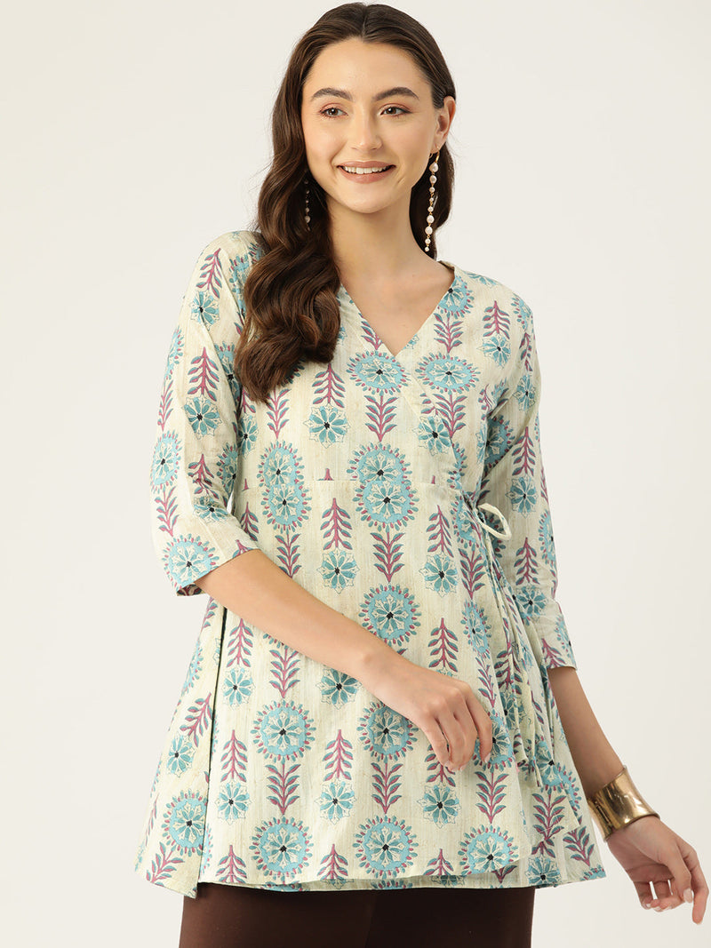 Floral Print Angrakha 3\4 Sleeves Flared Kurti