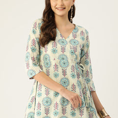 Floral Print Angrakha 3\4 Sleeves Flared Kurti