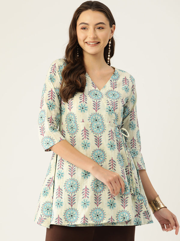 Floral Print Angrakha 3\4 Sleeves Flared Kurti