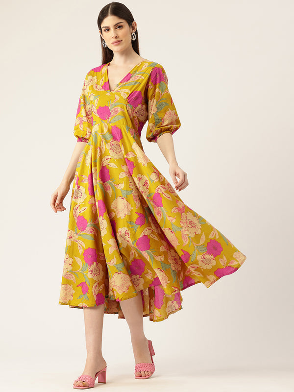 Women's Pure Cotton Floral Printed A-Line Gown with 3/4 Puff Sleeves & V-Neck