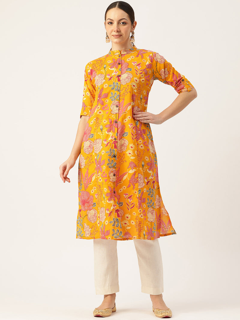 Elegant A-Line Long Kurta for Women - Mandarin Collar with Button Detailing