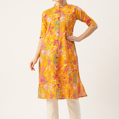 Elegant A-Line Long Kurta for Women - Mandarin Collar with Button Detailing