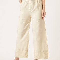 Beige Beige Palazzo|Embroidered, Flax Cotton, Sequin Detail, Ankle-Length, Single Pocket