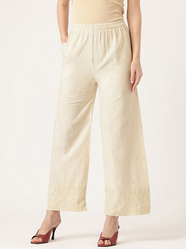 Beige Beige Palazzo|Embroidered, Flax Cotton, Sequin Detail, Ankle-Length, Single Pocket