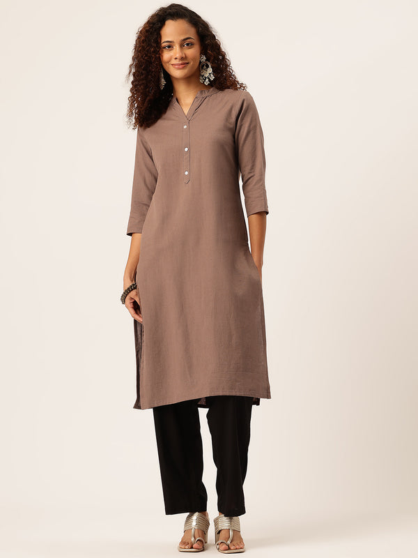 Women’s Solid Long Kurti with Mandarin Collar, 3/4 Sleeves & Pocket | Plain Elegant Cotton Kurta for Daily & Office Wear