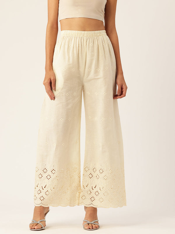Beige Palazzos | Embroidered Elegnace With Elastic Waist & Single Pocket
