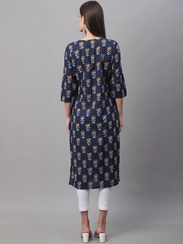 Women Blue Printed Straight Fit Kurti