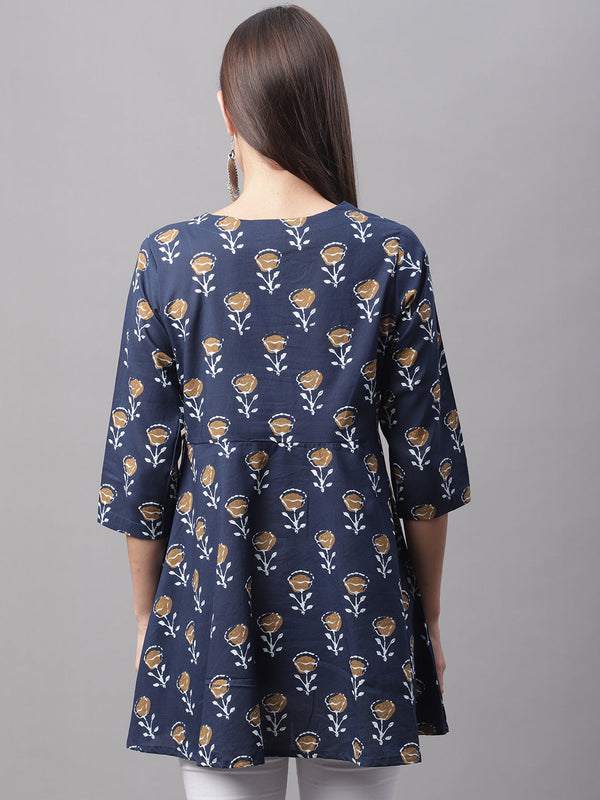 Women Blue Cotton Printed Short Kurti