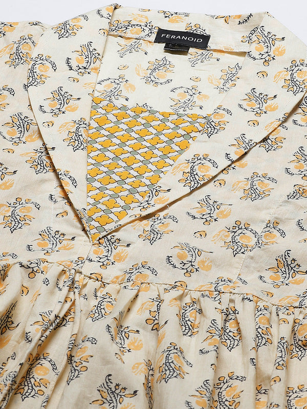 Women Yellow Collared Printed Flared Kurti