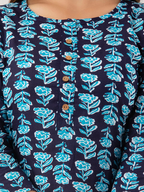 Women Blue Cotton Printed Short Kurti