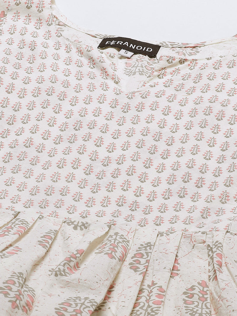 Women White & Baby Pink Cotton Printed A-Line Kurti