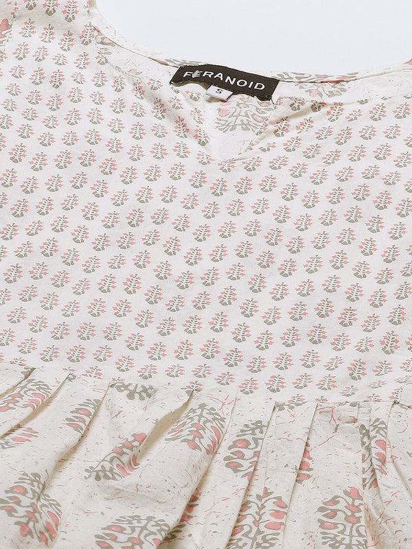Women White & Baby Pink Cotton Printed A-Line Kurti