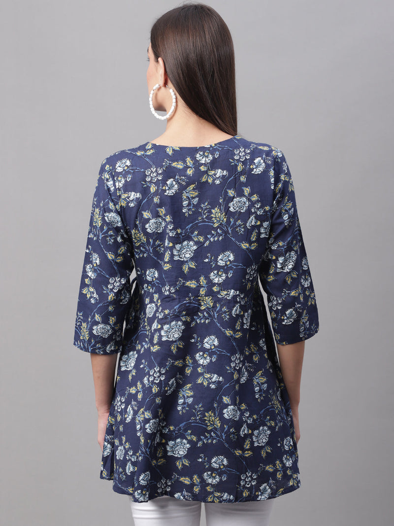 Women Blue Cotton Printed Short Kurti