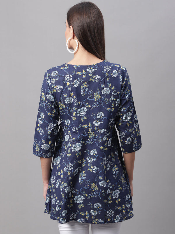 Women Blue Cotton Printed Short Kurti