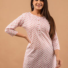 Women White Cotton Printed Short Kurti