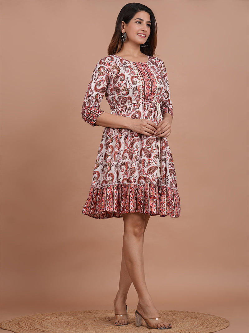 Cotton Printed Cream Paisley Dress