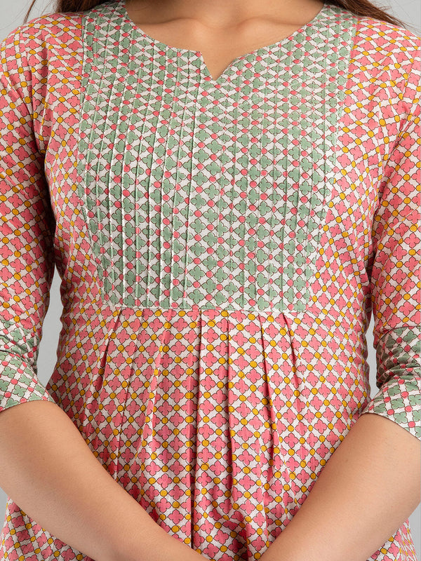 Women Pink Cotton Printed A-Line Kurti