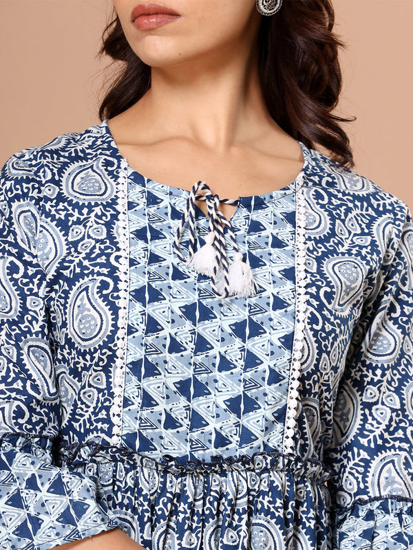 Cotton Printed Navy Blue Ethnic Motifs Dress