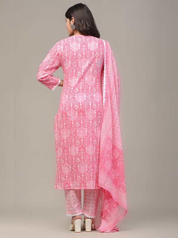 Cotton Printed Pink Kurta Set with Dupatta