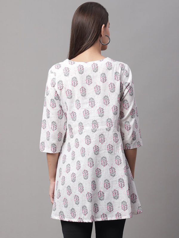 Women White Cotton Printed Short Kurti