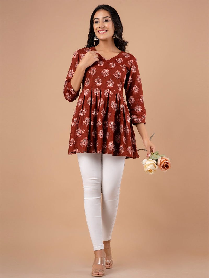 Printed Cotton Rust Peplum Tunic