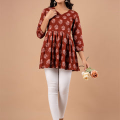 Printed Cotton Rust Peplum Tunic