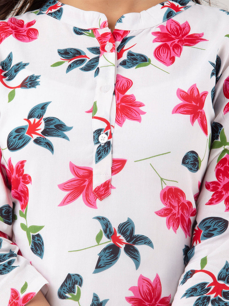 Women Printed White Straight Fit Short Tunic