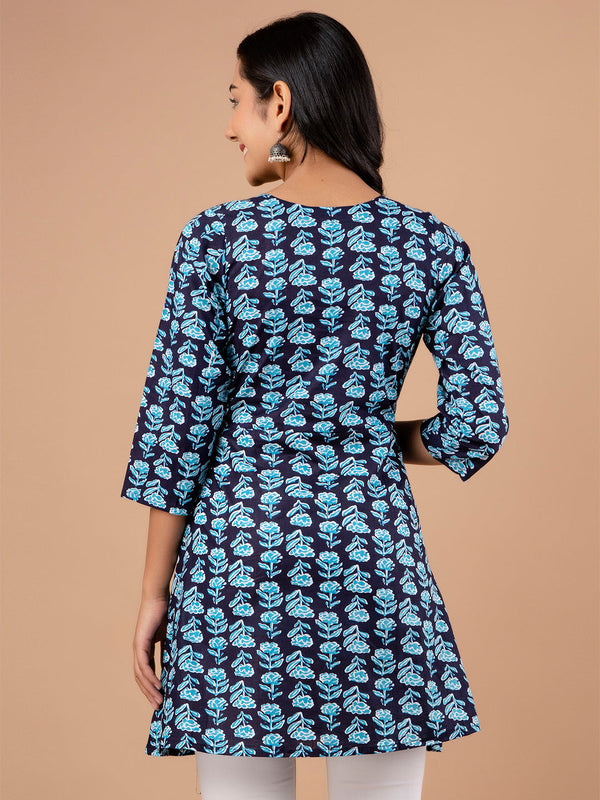 Cotton Printed Blue Angrakha Short Tunic
