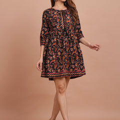 Cotton Printed Black Floral Dress