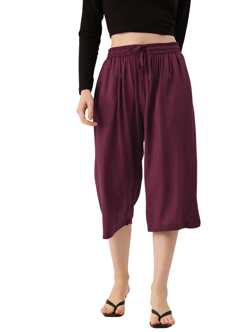 Women's Culottes | Calf-Length Pants with Double Pockets & Elastic Waistband