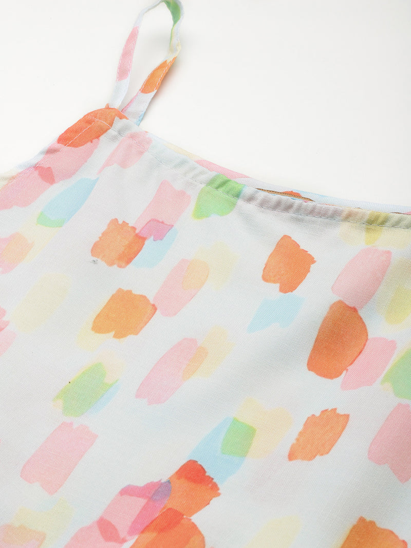 Cropped Sleeveless strap Peplum top with digital print on linen fabric.| Size- Small| Colour - Pink, Red, Aqua