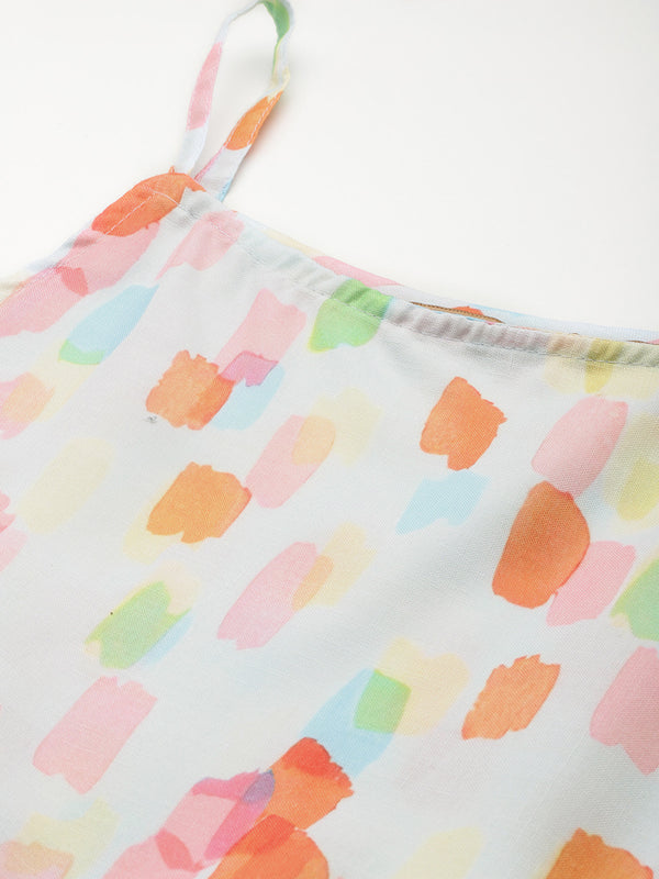 Cropped Sleeveless strap Peplum top with digital print on linen fabric.| Size- Small| Colour - Pink, Red, Aqua