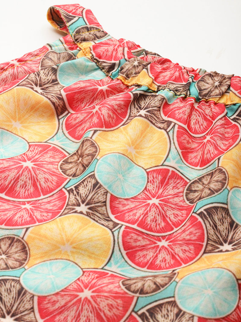 Cropped Sleeveless Elasticated Neck Bottom Flared Top with digital print on linen fabric.  | Size- Small |  Colour - Magenta, Green, Aqua, Yellow