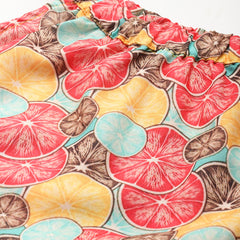 Cropped Sleeveless Elasticated Neck Bottom Flared Top with digital print on linen fabric.  | Size- Small |  Colour - Magenta, Green, Aqua, Yellow