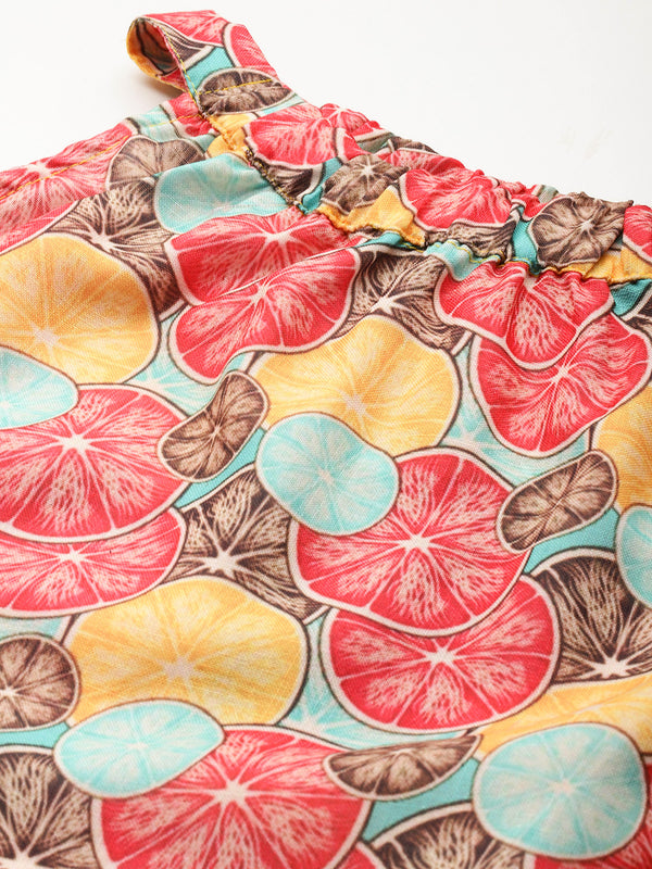 Cropped Sleeveless Elasticated Neck Bottom Flared Top with digital print on linen fabric.  | Size- Small |  Colour - Magenta, Green, Aqua, Yellow