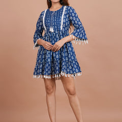 Floral Cotton Flared Dress (S–XXL | 3/4 Sleeves) – Breezy Comfort with Feminine Flow